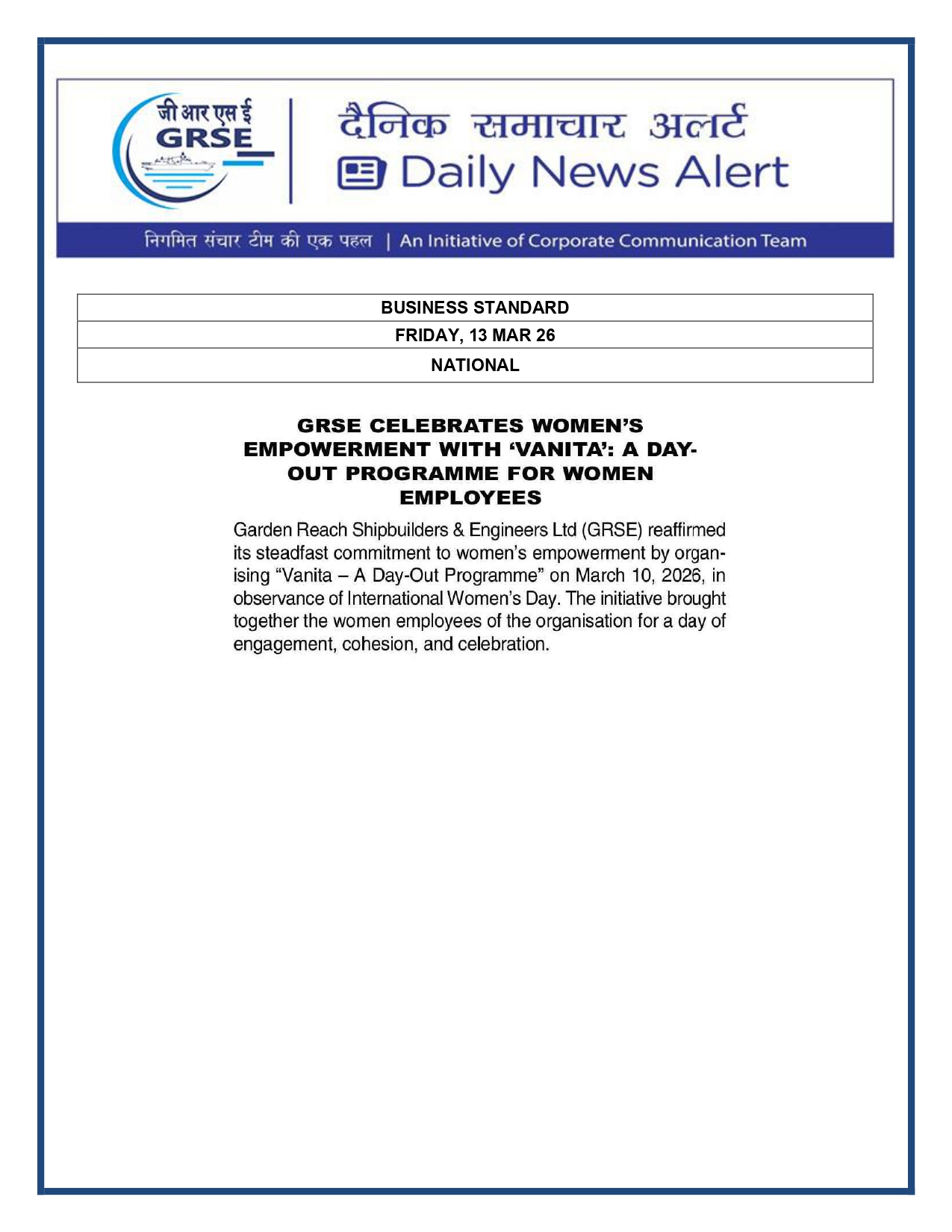  Press Coverage: 13 MAR 26: BUSINESS STANDARD